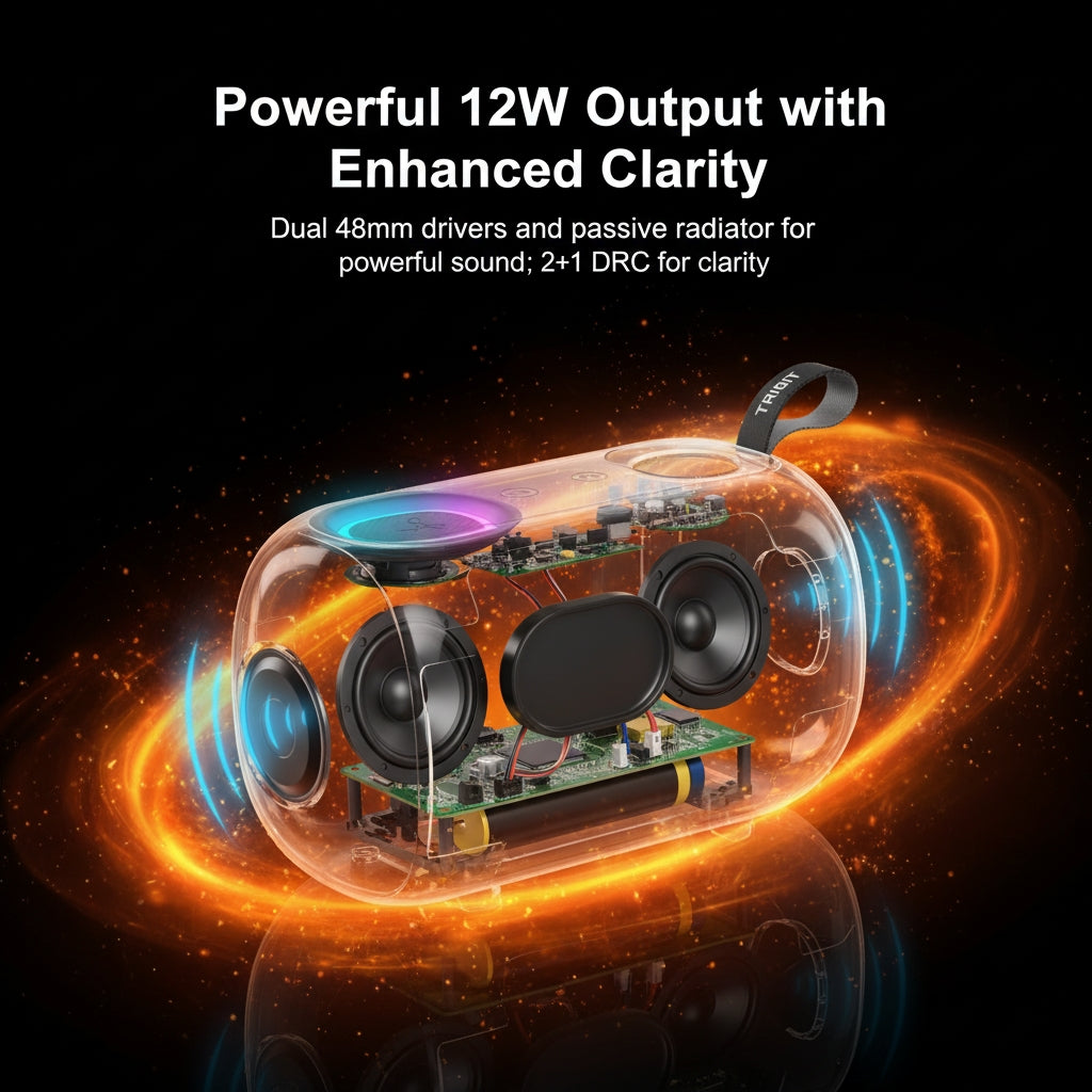 Speaker with glowing effects and technical details on a dark background