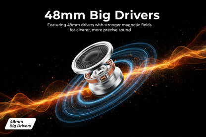 Speaker driver with 48mm big drivers on a dark background with glowing effects