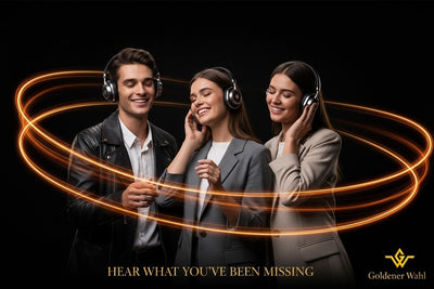 Three people wearing headphones with a glowing circular effect, featuring Goldenen Wahl logo.