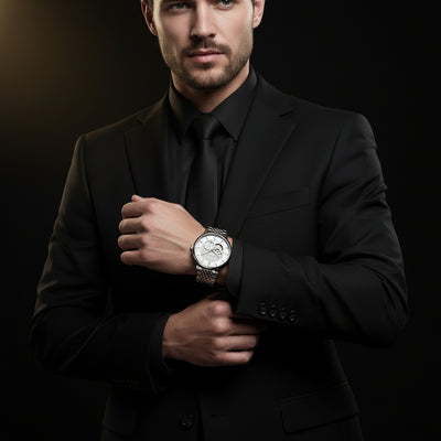 Man in a black suit wearing a watch on a dark background