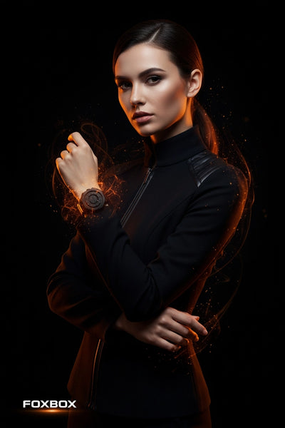 A woman in a black high-neck top wearing a dark watch, posed against a black background with dramatic orange lighting and smoke effects. The brand name FOXBOX is visible in the bottom-left corner.