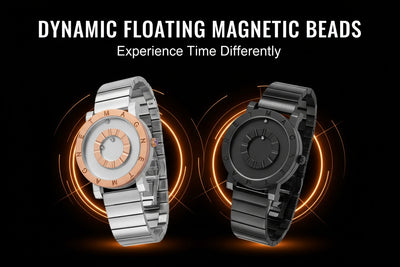 Two watches with dynamic floating magnetic beads on a dark background