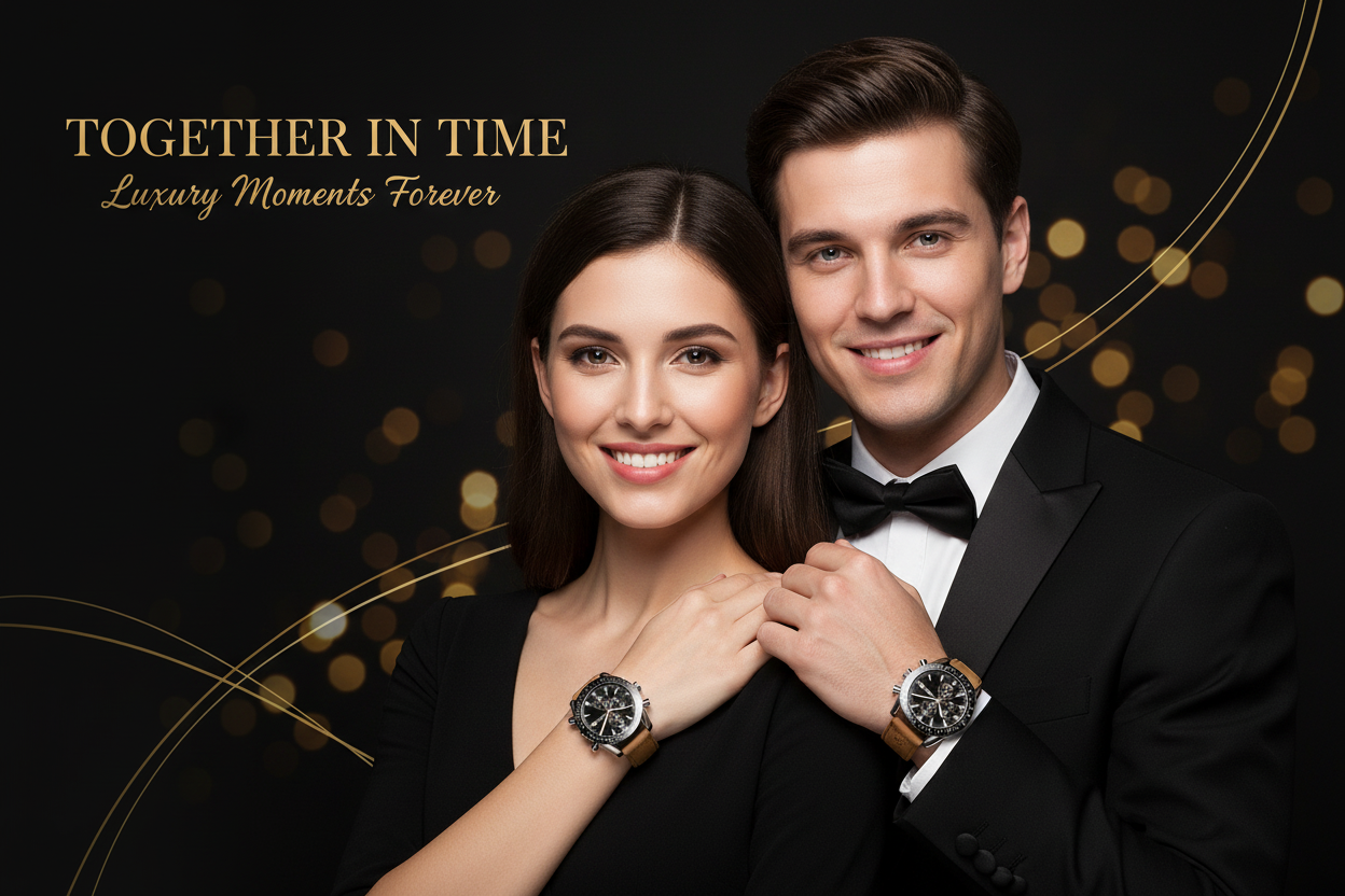 Man and woman in formal attire with watches, against a dark background with bokeh lights.