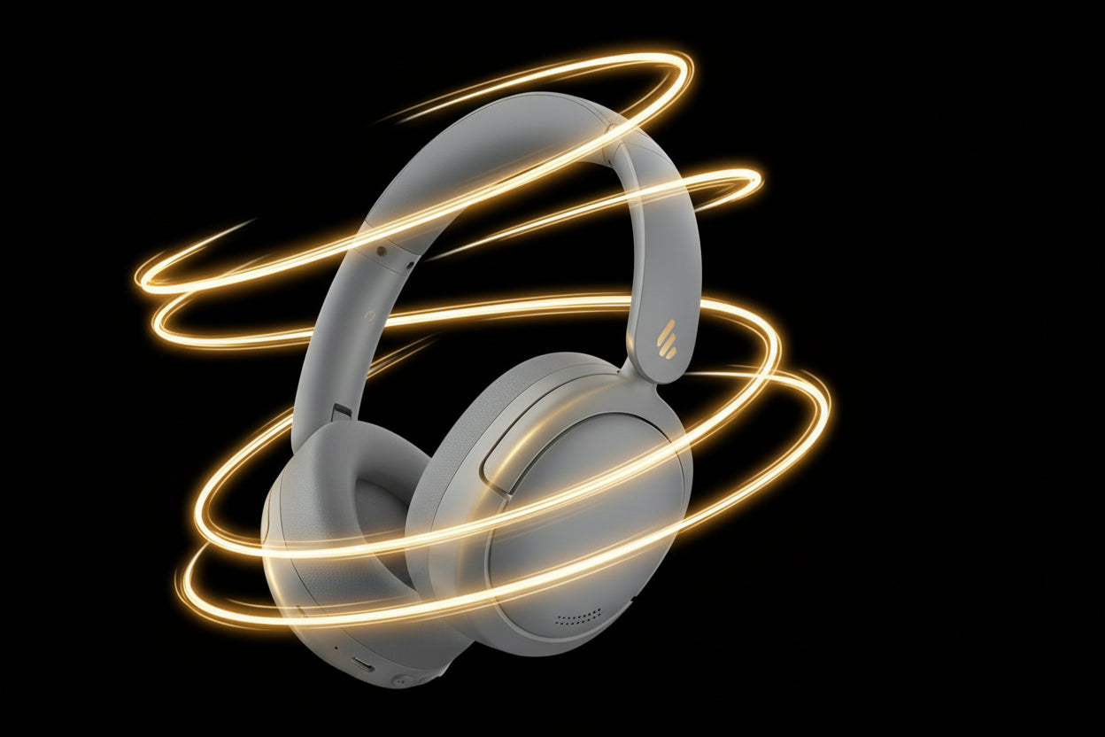 Gray headphones with gold accents on a white background