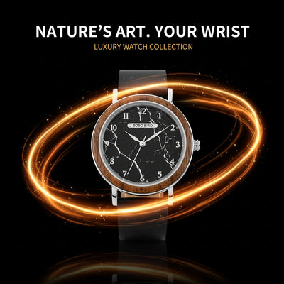 Luxury watch with a dark face and wooden band on a black background with glowing orange rings.