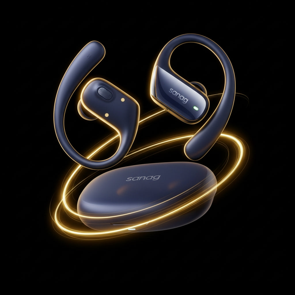 Blue wireless earbuds with charging case on a black background