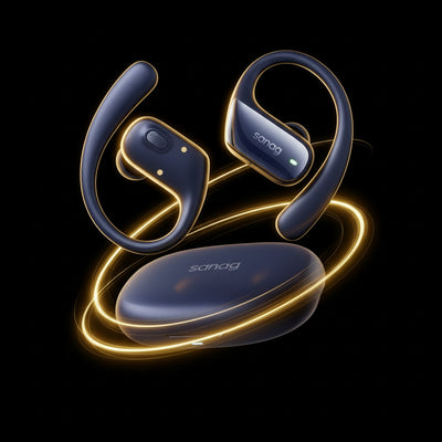 Blue wireless earbuds with charging case on a black background