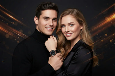 Man and woman posing together against a dark background with a warm glow
