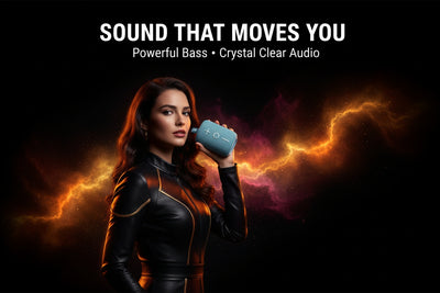 Woman holding a blue speaker with fiery background and text about audio quality.
