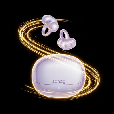 Wireless earbuds with charging case on a black background, featuring the brand 'sanag'.