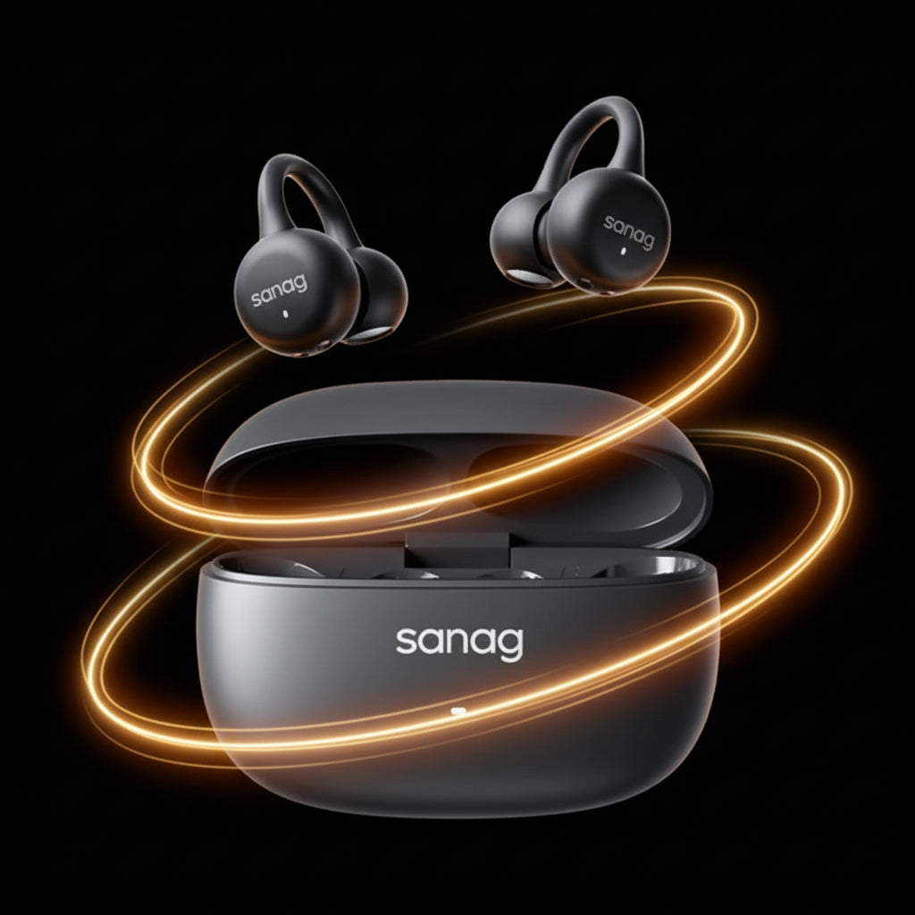 Black wireless earbuds with charging case on a dark background, featuring the Sanag brand.