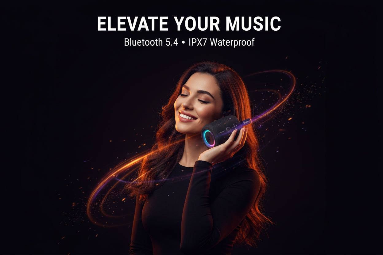Woman using a wireless earbud with text 'Elevate Your Music' and product features on a dark background