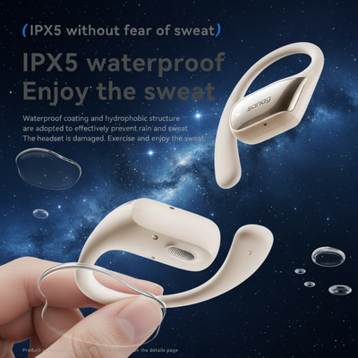White wireless earbuds with waterproof feature on a starry night background