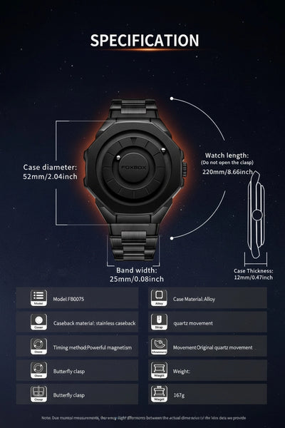 Specification chart for a black analog watch, showing the watch centered with labeled dimensions for case diameter, watch length, and band width, plus feature icons and text below on a dark starry background.