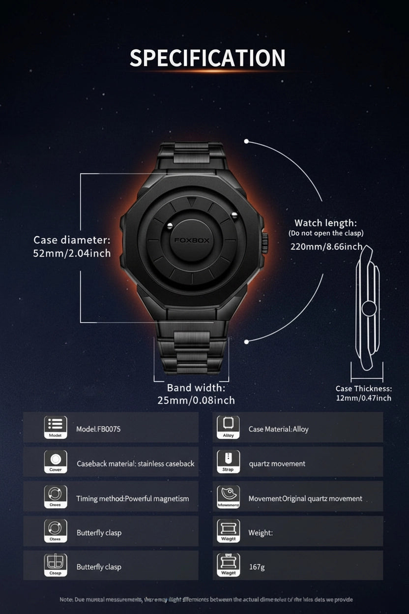 Specification chart for a black analog watch, showing the watch centered with labeled dimensions for case diameter, watch length, and band width, plus feature icons and text below on a dark starry background.