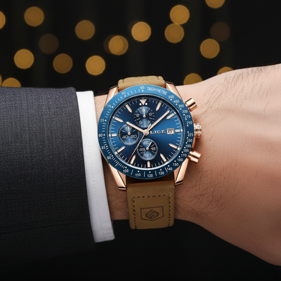 Luxury watch with blue dial and brown leather strap on a wrist against a dark background with bokeh lights.