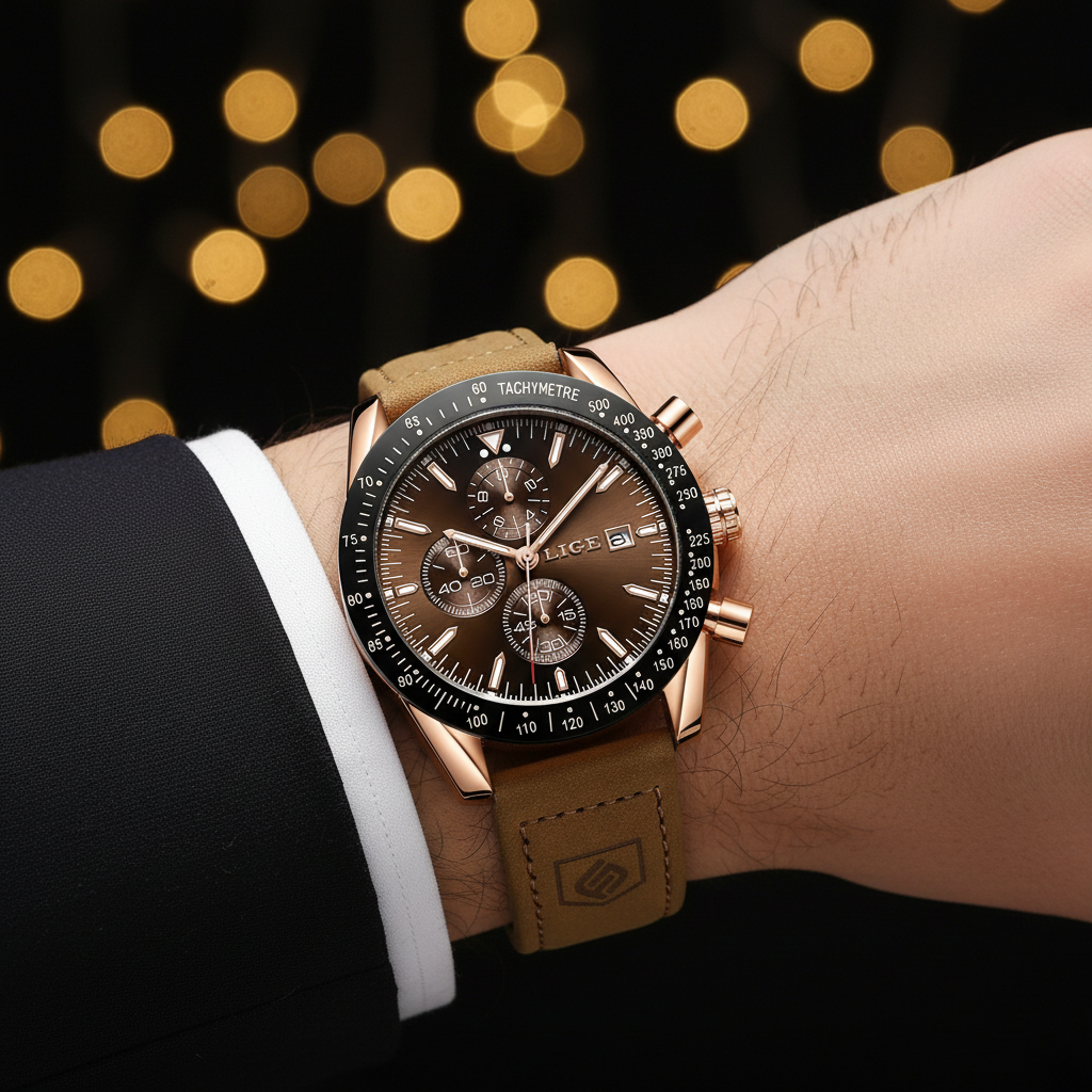 Luxury watch with brown leather strap on a wrist against a blurred lights background