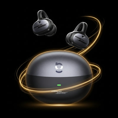 Bose SoundTrue earbuds with charging case on a black background