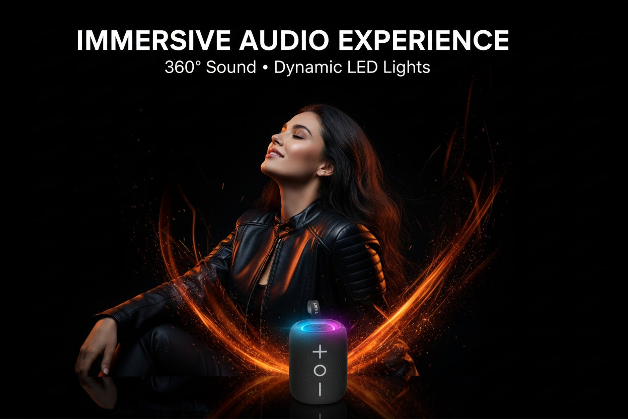 Woman with glowing orange and purple lights sitting next to a device, with text about immersive audio experience.