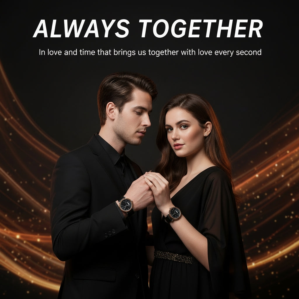 Couple holding hands with a romantic background and text 'Always Together'.