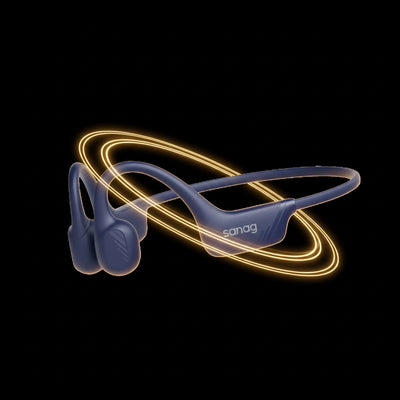 Blue and gold wireless earbuds with 'sanag' branding on a black background