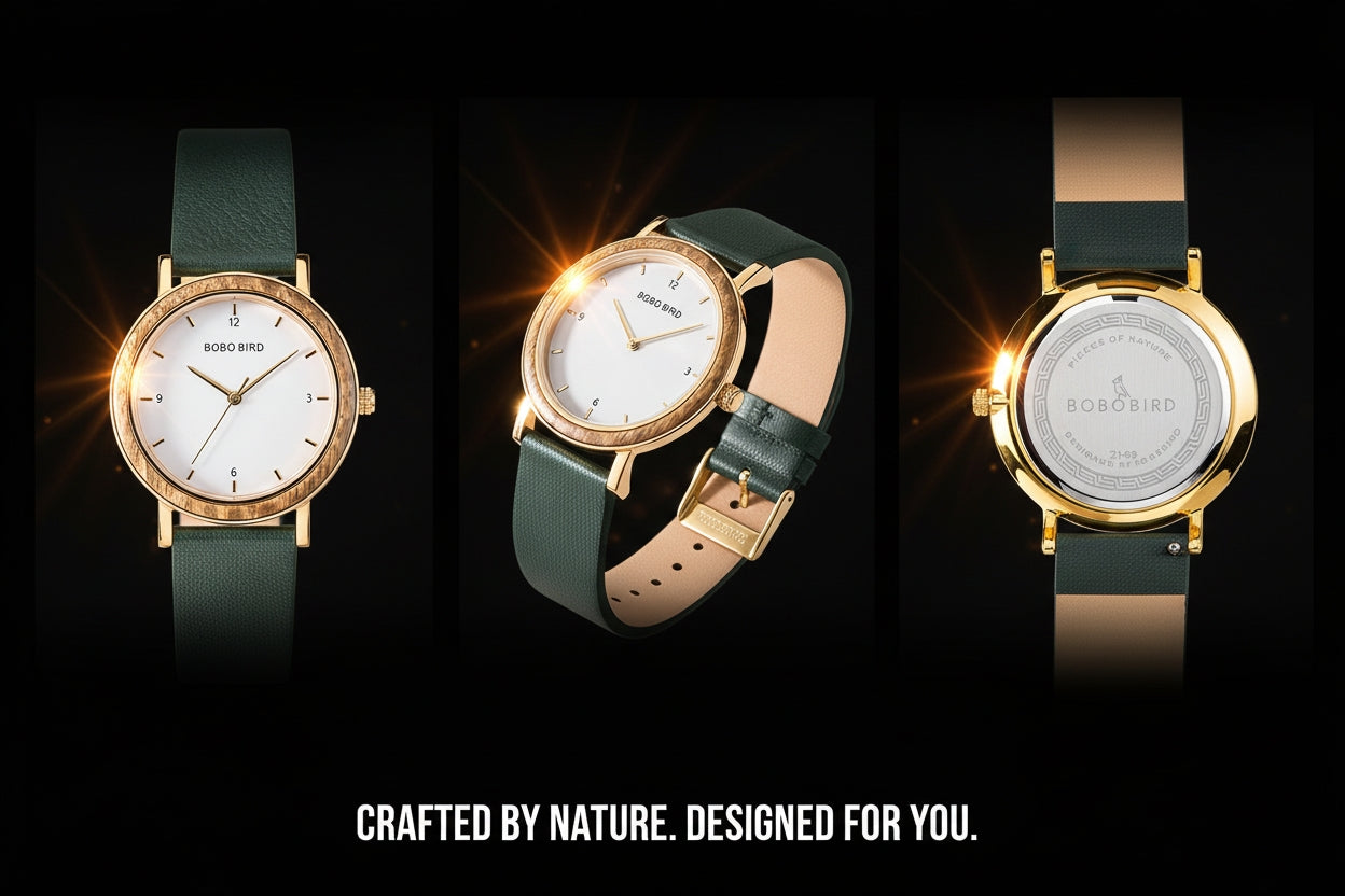 Three watches with green straps and gold accents on a black background, featuring the brand 'BOCCIA'.