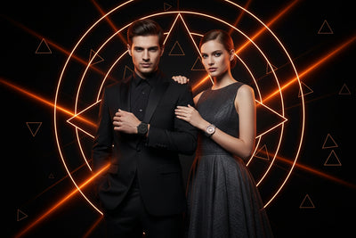 Man and woman in formal attire standing against a geometric orange light design on a black background