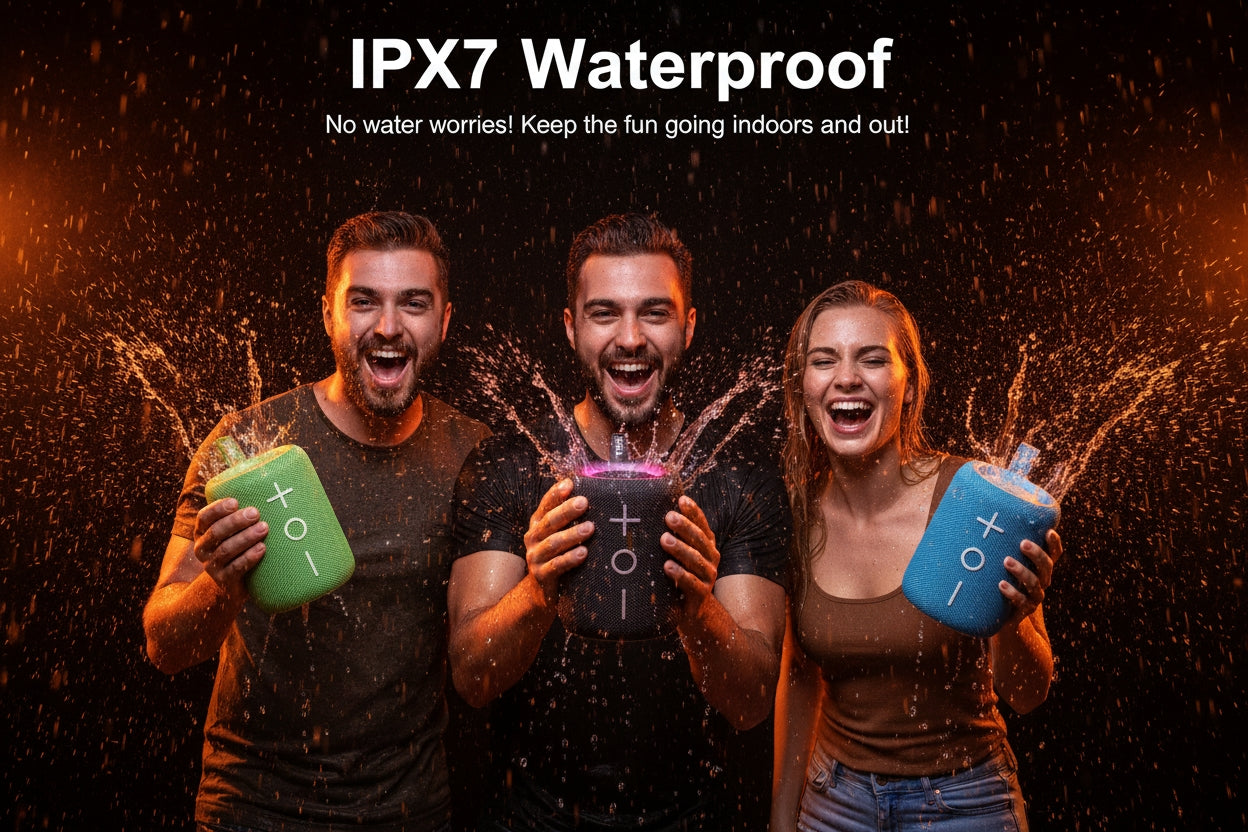 Three people holding colorful waterproof devices with water splashing around them on a dark background.