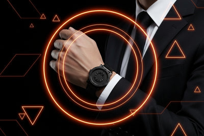 Hand wearing a black watch with orange geometric shapes and a dark background