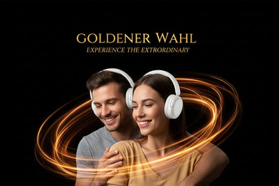 Couple wearing headphones with Goldener Wahl logo on a black background