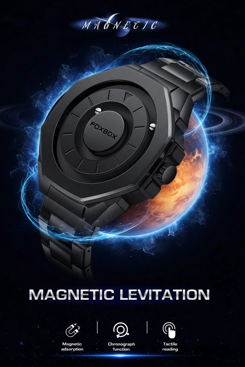 A black FOXBOX magnetic smartwatch floating above a glowing blue and orange magnetic field, with the text 'MAGNETIC LEVITATION' and feature icons below on a dark space-themed background.
