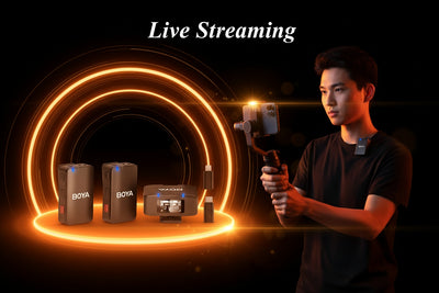 Person holding a microphone with 'Live Streaming' text and BOYA equipment in the background