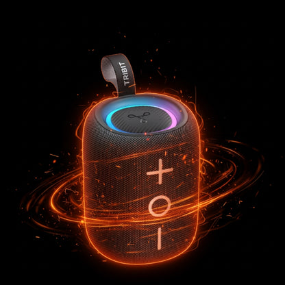Black portable speaker with colorful lighting effects on a dark background