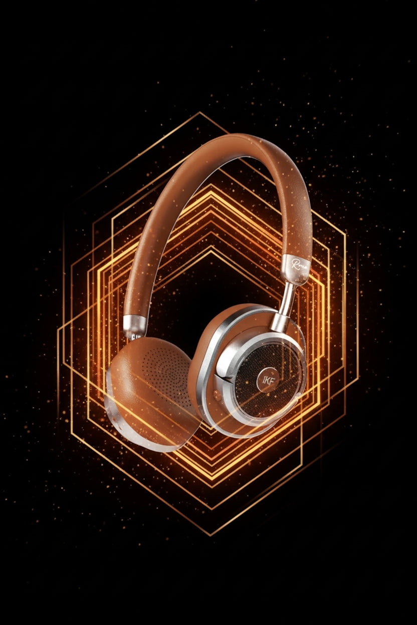 Brown headphones with a geometric design on a black background