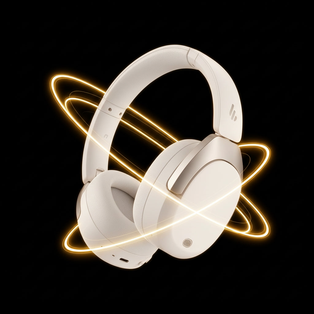 White headphones with gold accents on a black background