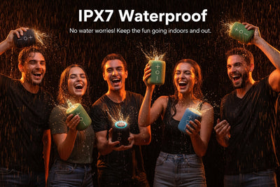 Group of people outdoors with waterproof devices, emphasizing IPX7 rating.