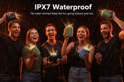 Group of people outdoors with waterproof devices, emphasizing IPX7 rating.
