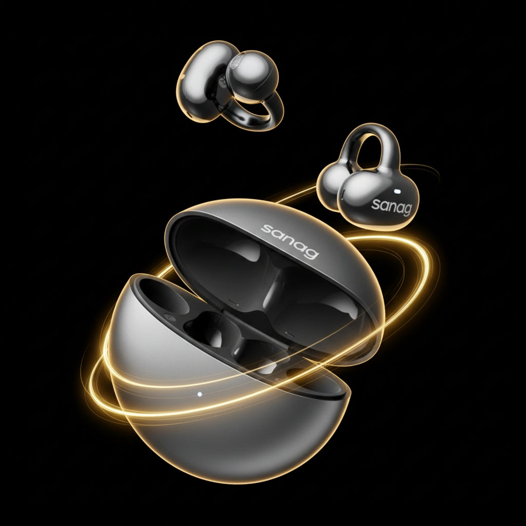 Black wireless earbuds with charging case on a black background, featuring the brand 'sanag'.