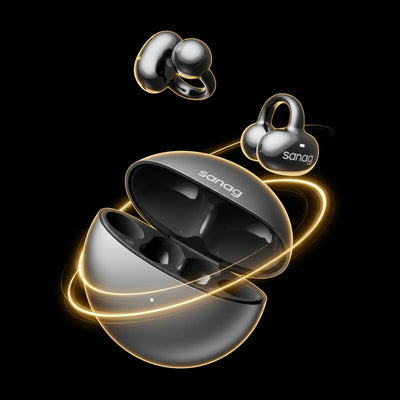 Black wireless earbuds with charging case on a black background, featuring the brand 'sanag'.