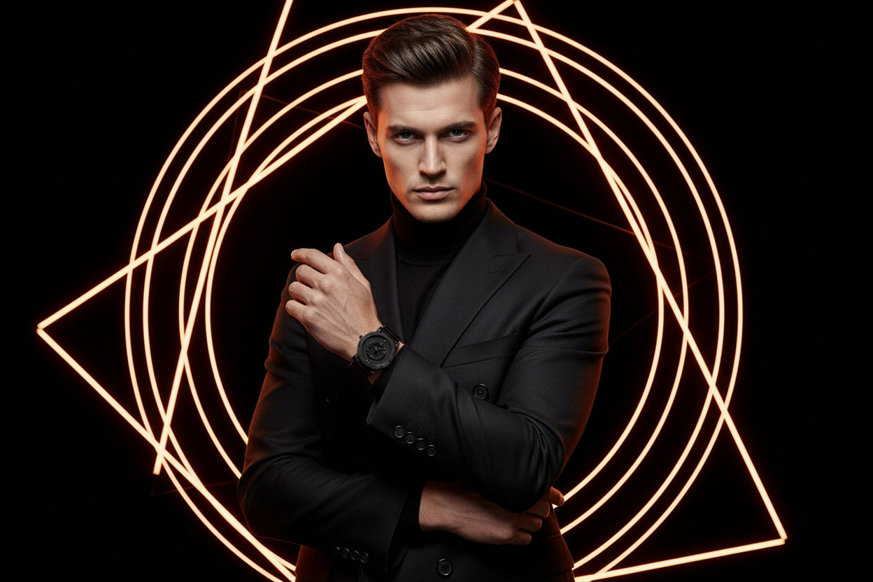 Man in a black suit with a watch against a dark background with neon light design