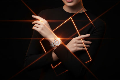 Person wearing a watch with a dark background and glowing orange lines