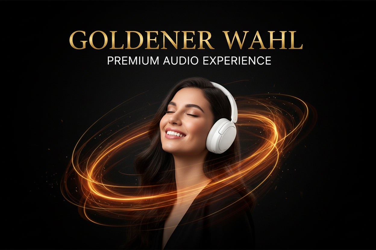 Woman wearing headphones with 'Goldener Wahl' branding on a dark background