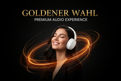 Woman wearing headphones with 'Goldener Wahl' branding on a dark background
