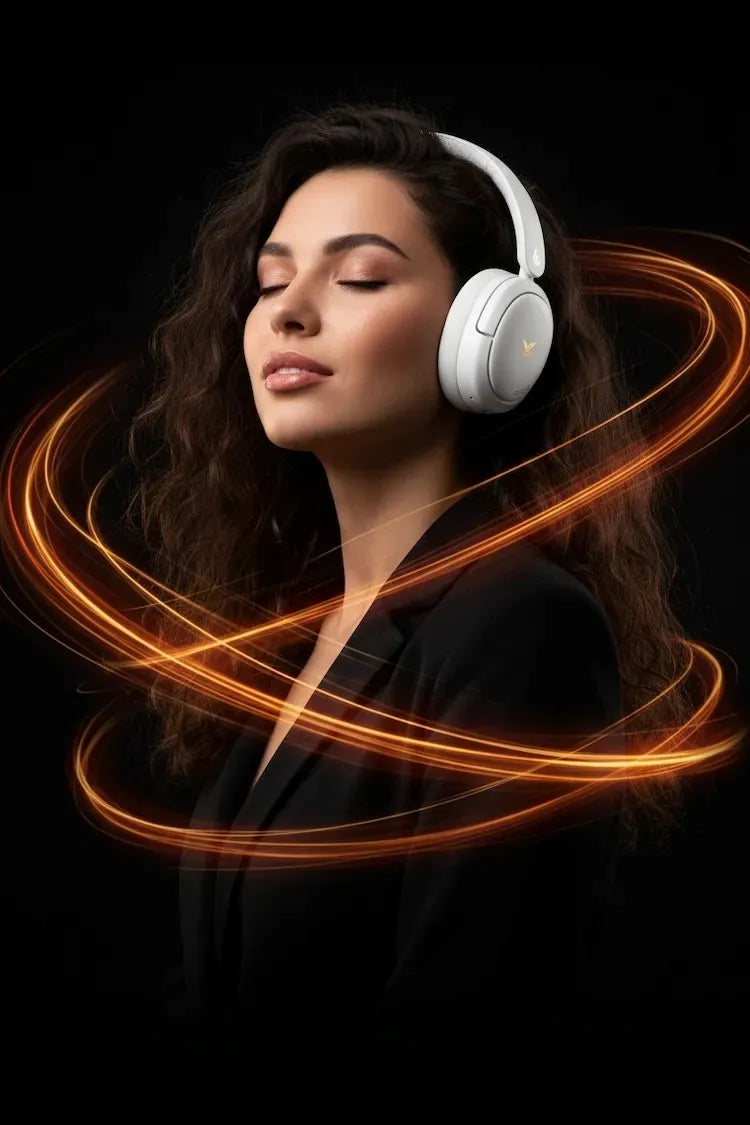 Woman wearing white headphones with glowing orange lines on a black background