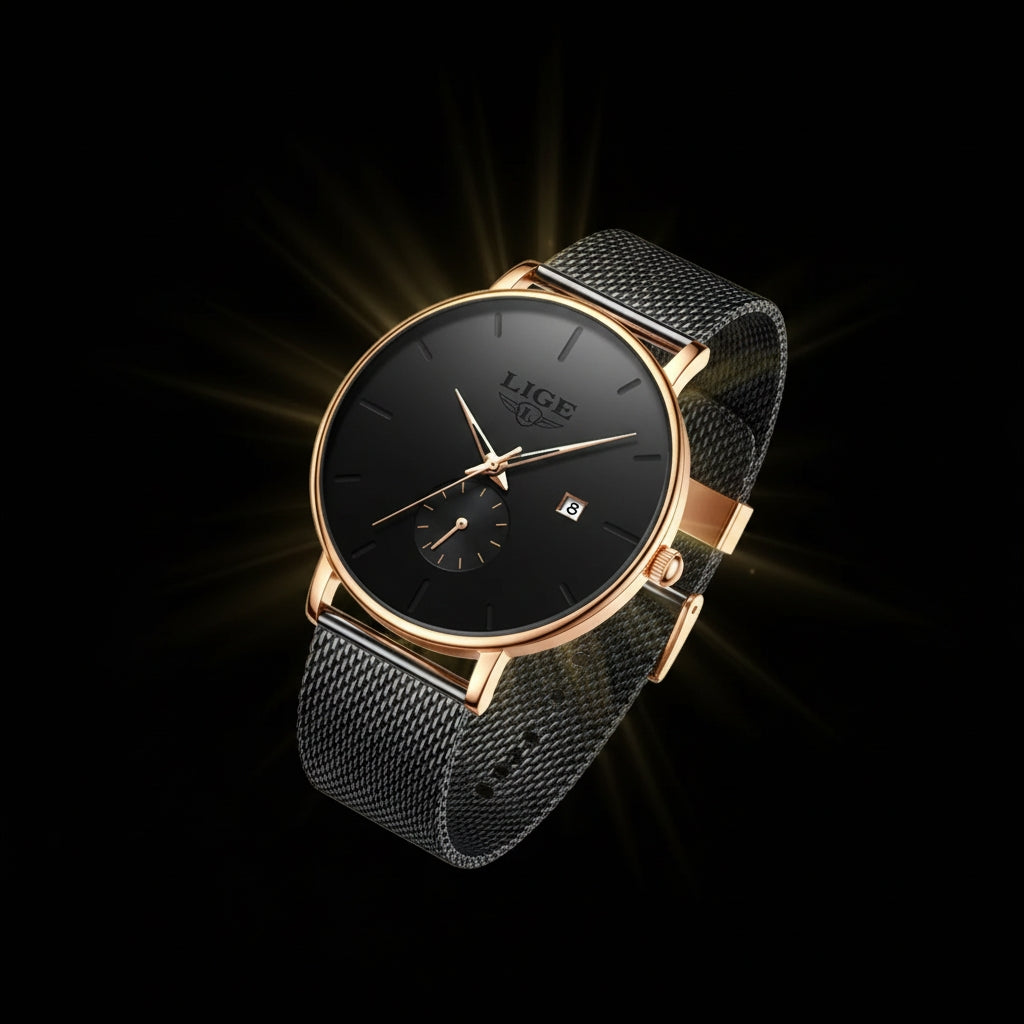 Luxury watch with black face and gold accents on a dark background