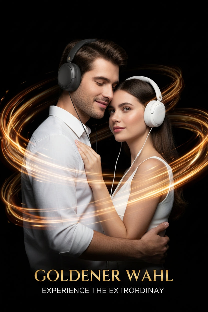 Couple wearing headphones with glowing lines, 'Goldener Wahl' text on a black background