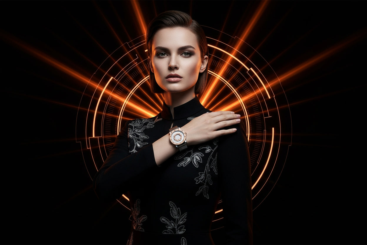 Woman wearing a black dress with floral patterns and a watch, set against a dark background with orange light effects.