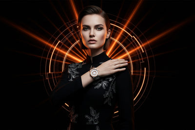 Woman wearing a black dress with floral patterns and a watch, set against a dark background with orange light effects.