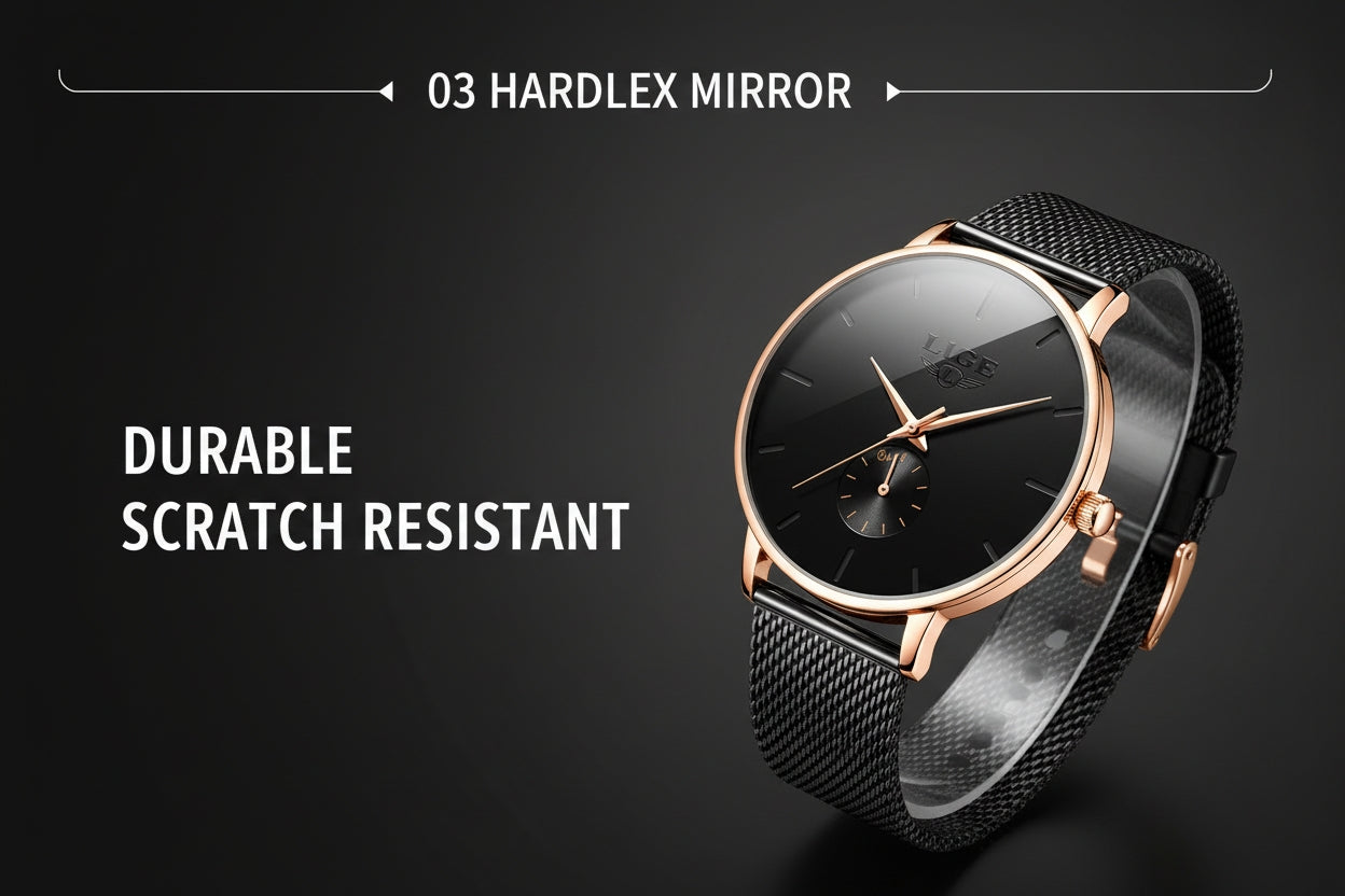 Watch with black hardlex mirror and rose gold accents on a dark background
