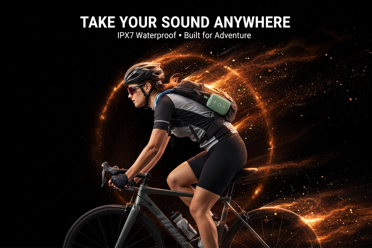 Person riding a bicycle with a product on their back, against a dark background with fiery effects.